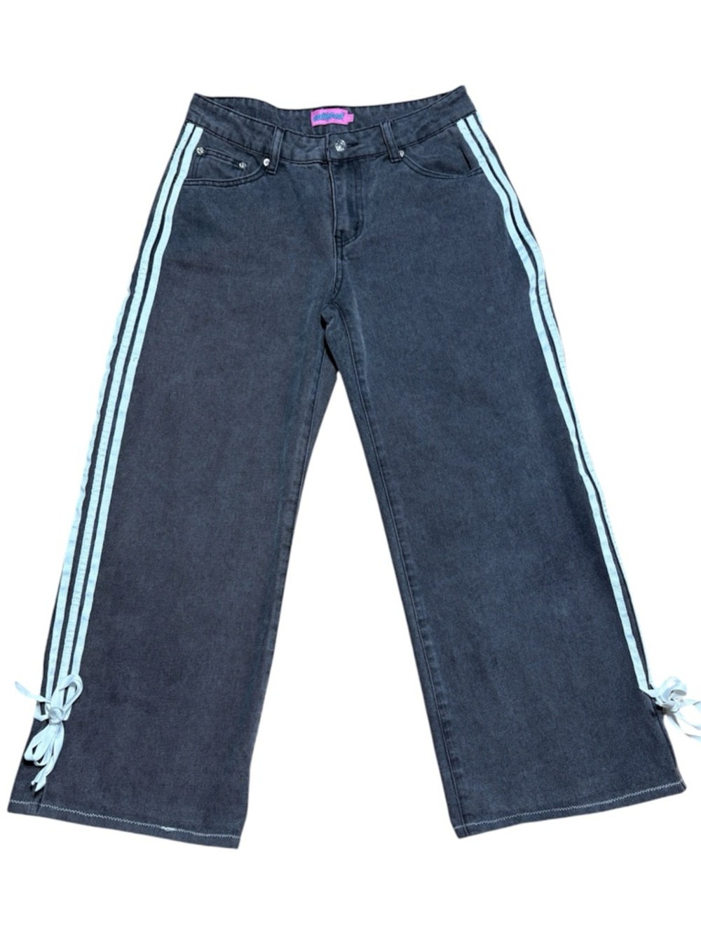 Edikted Wm’s Washed Black Stripe Tie Wide Leg Jeans In Sz S